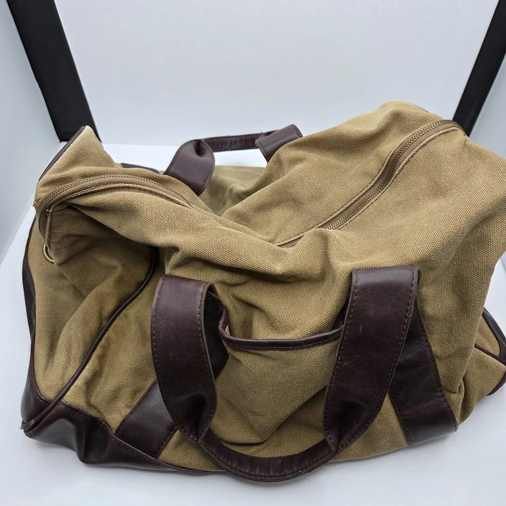 Merona Canvas‎ Duffel Bag Brown Tan Faux Leather Weekender Travel Gym